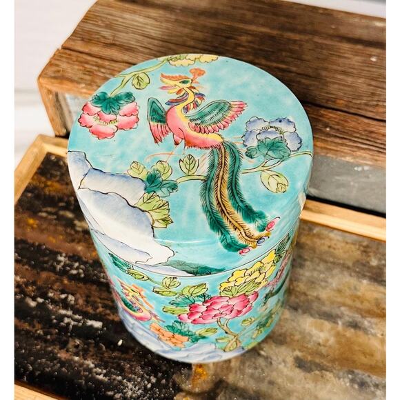 Ceramic Asian Tea Jar with Lid Hand Painted Antique Tea caddy Ginger Jar - Picture 2 of 10